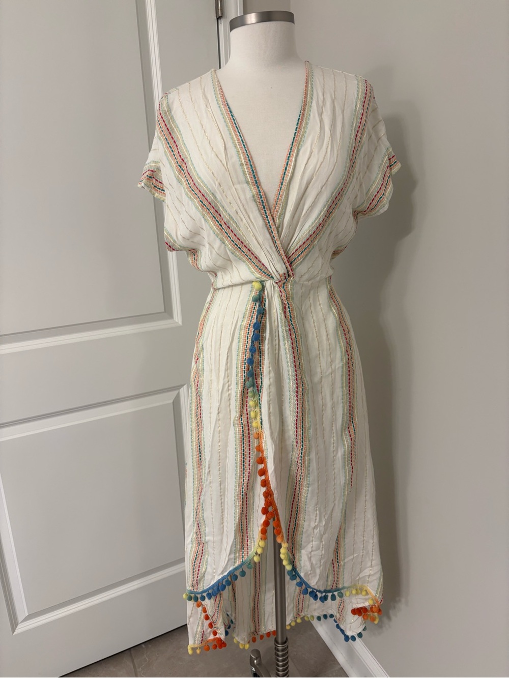 NWT America & Beyond Boho Multicolored Stripe Swim Coverup with Tassels Size Md
